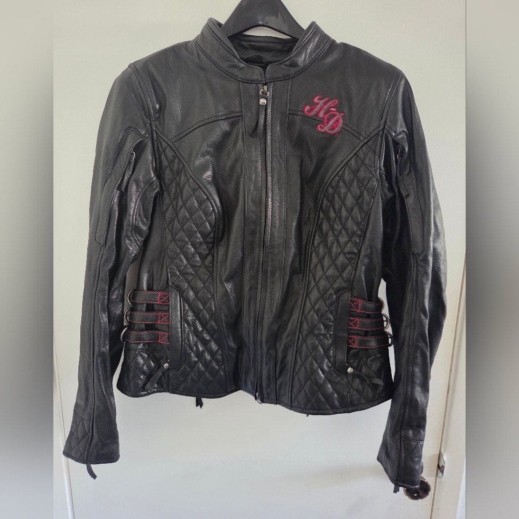 Harley Davidson Womens Black Leather Motorcycle Jacket Willie G Skull Sz M + Glv